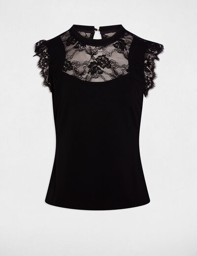 T-shirt met kanten hoge kraag zwart vrouw