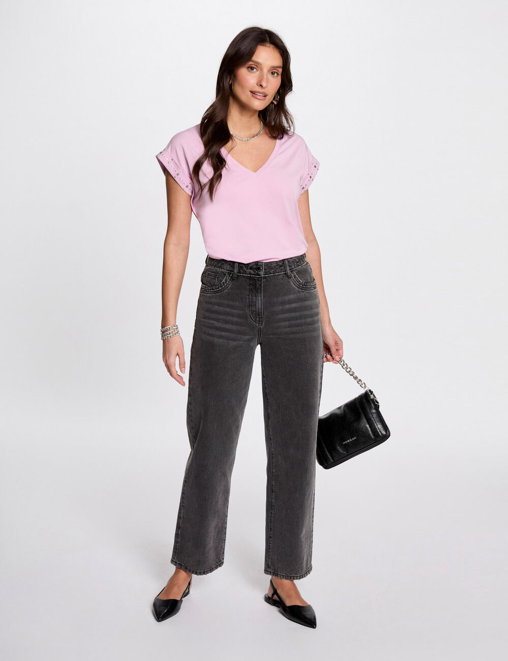 T-shirt manches courtes clous rose pastel femme