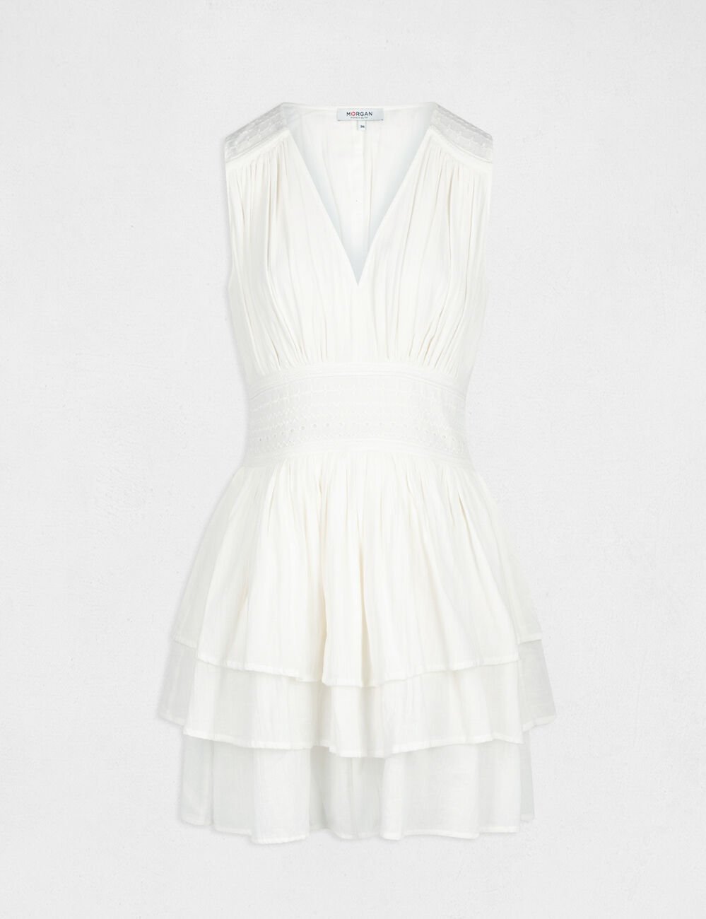 Robe &eacute;vas&eacute;e avec volants et broderie ecru femme