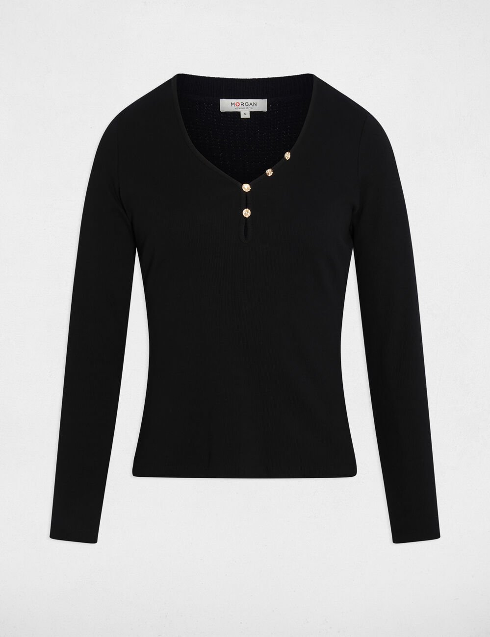 T-shirt met knoopjes en hartvormige hals zwart vrouw