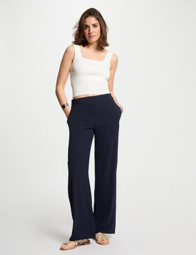 Pantalon large fluide bleu marine femme