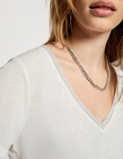 T-shirt col v perl&eacute; blanc femme