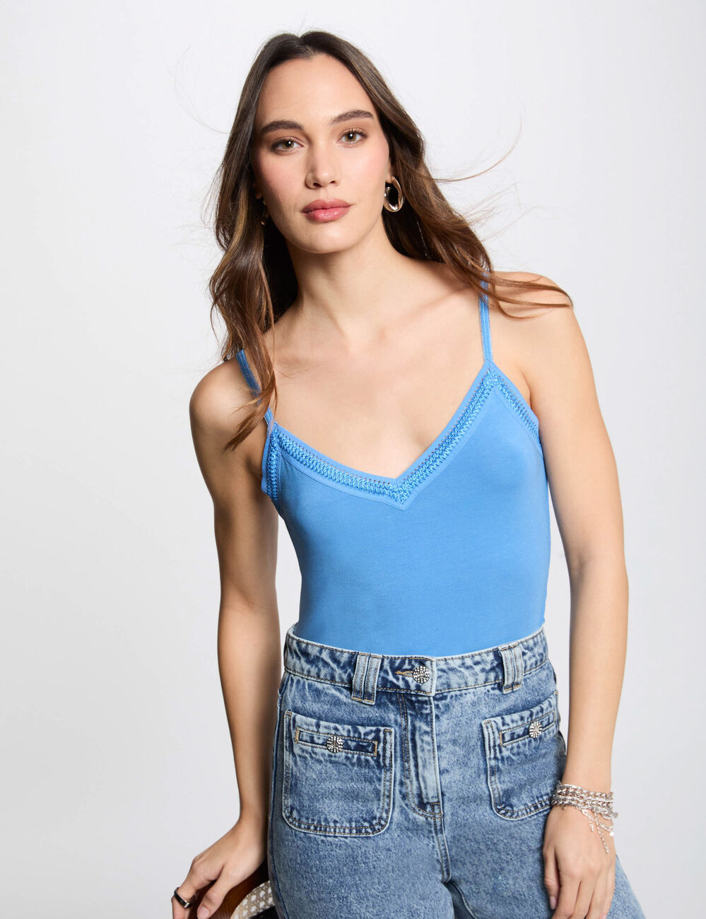 Tanktop met dunne bandjes kant bleu vrouw