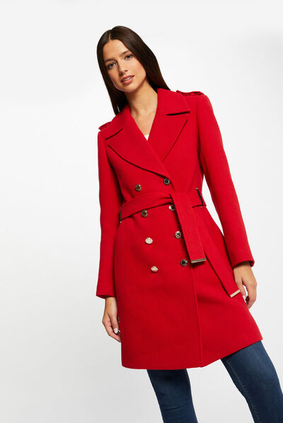 Manteau long droit ceinturé à boutons rouge femme
