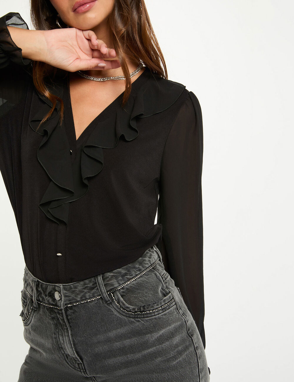 T-shirt voile col v noir femme