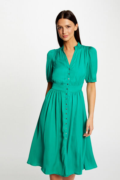 Robe manches 3/4 boutonnée à l'avant vert moyen femme