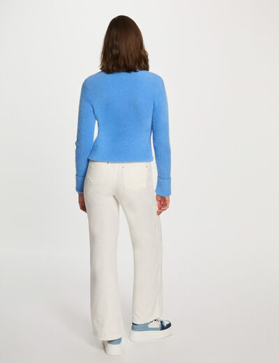Pull manches longues maille duveteuse bleu femme
