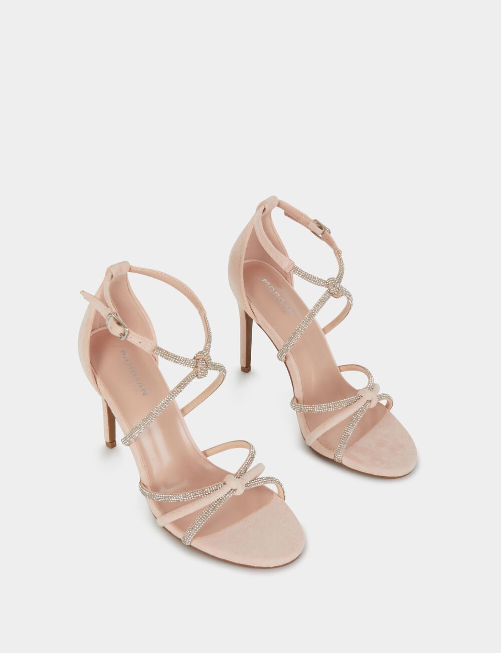 Sandalen met hak en bandjes van strass lichtroze vrouw