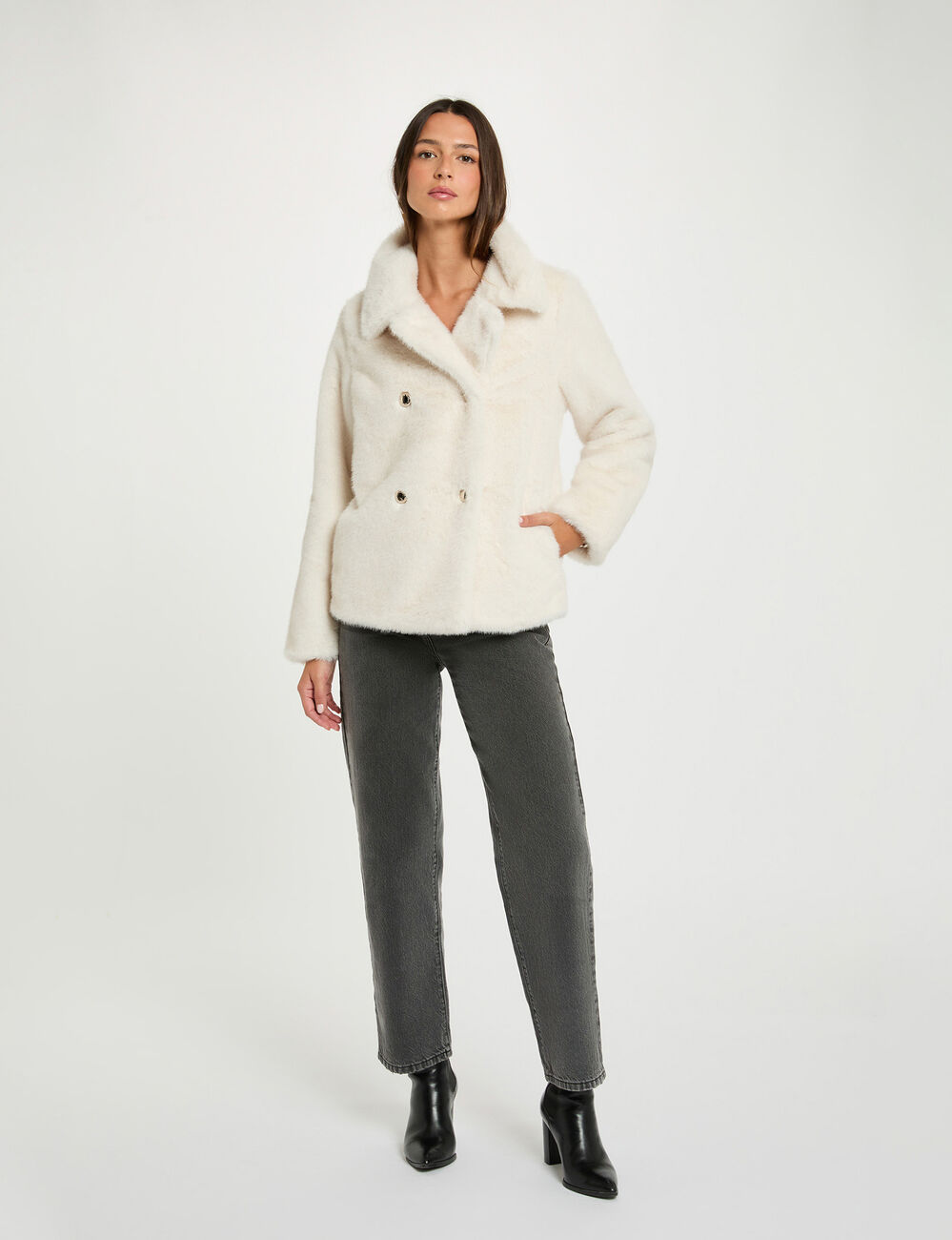 Manteau droit boutonné ivoire femme