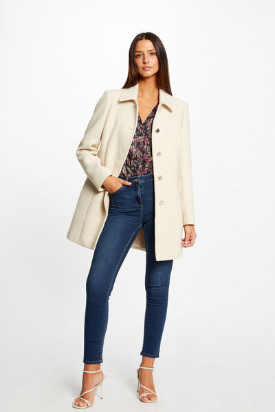 Manteau long droit boutonné ivoire femme