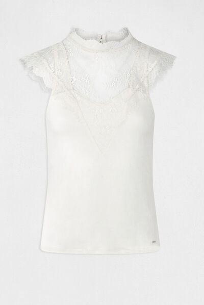 T-shirt met korte mouwen van kant medium ecru vrouw