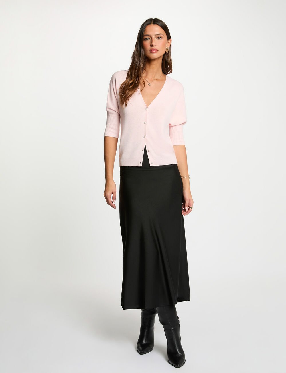 Gilet col en V manches longues rose clair femme