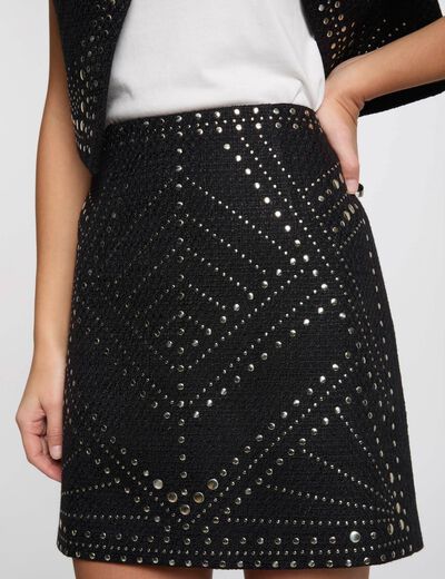 Korte tweed-rok met studs zwart vrouw
