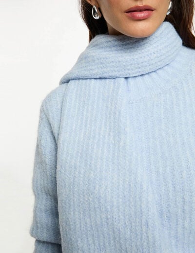 Pull col écharpe bleu ciel femme