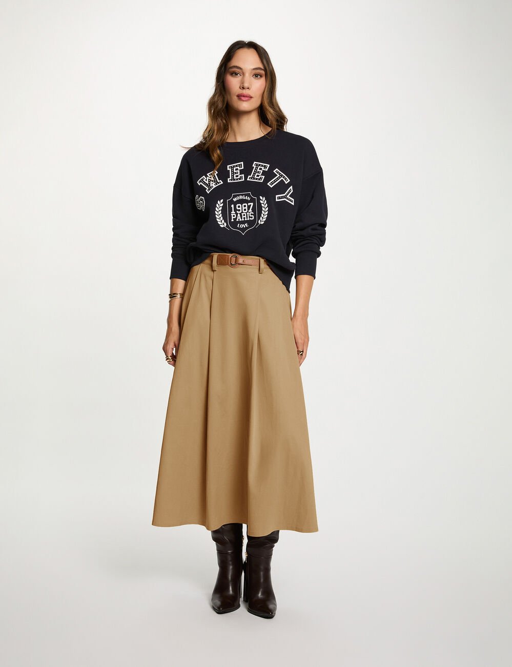Bedrukte sweater met ronde hals marineblauw vrouw