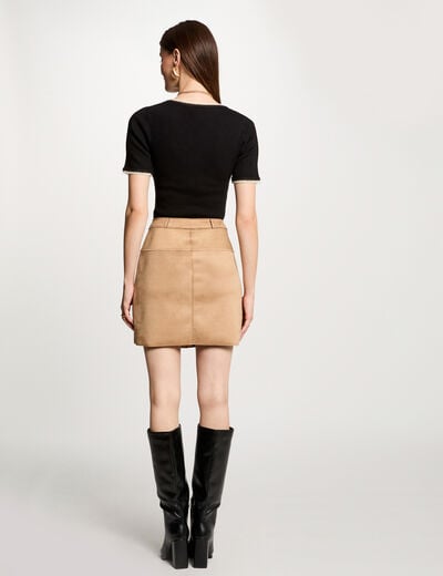 Pull manches courtes côtelé noir femme