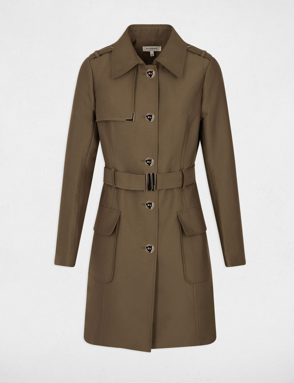 Trench long ceintur&eacute; vert kaki femme