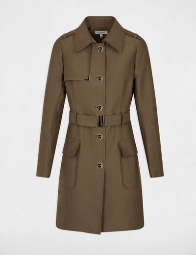 Trench long ceintur&eacute; vert kaki femme