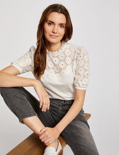 T-shirt manches courtes brod&eacute; ivoire femme