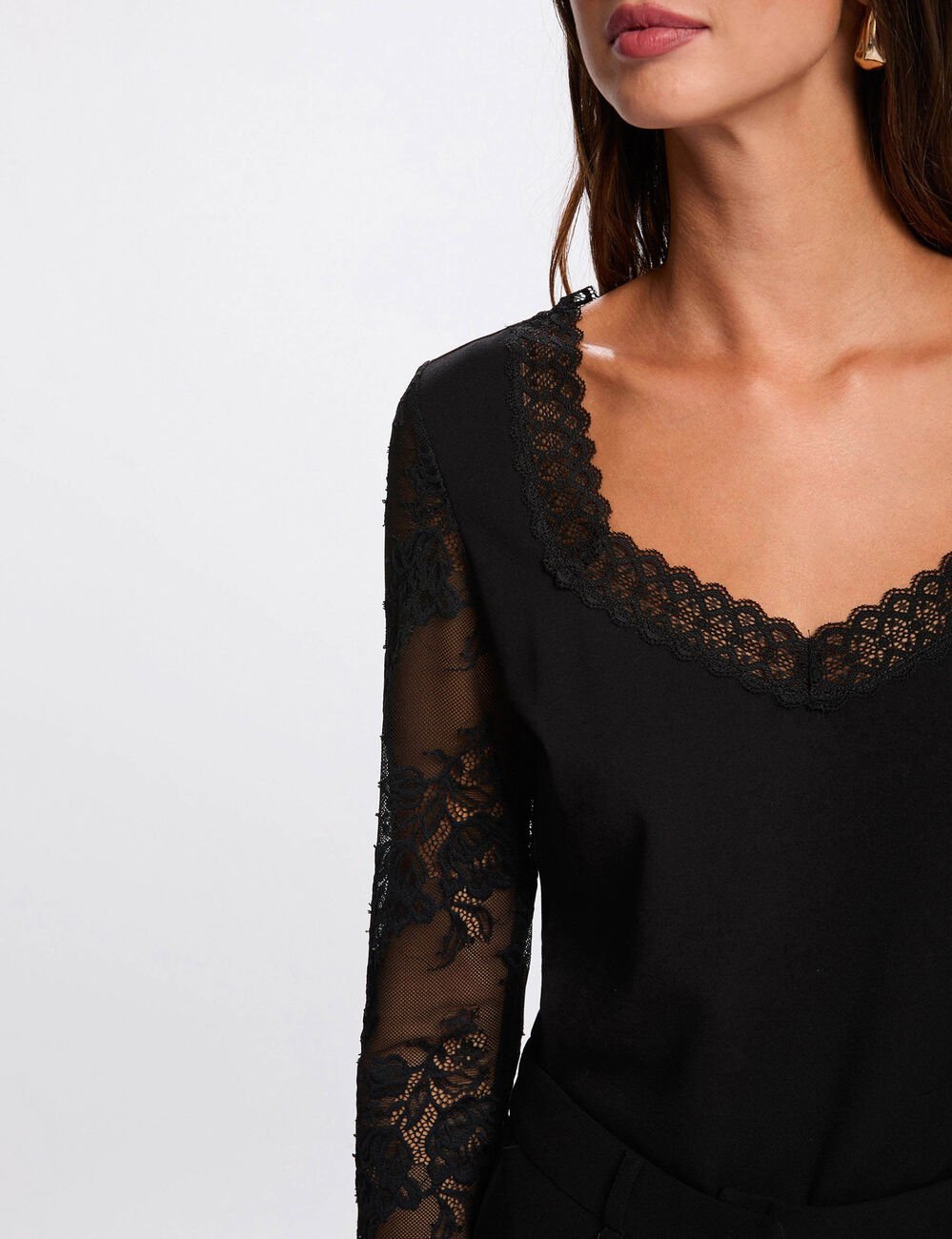 Kant T-shirt met hartvormige hals zwart vrouw