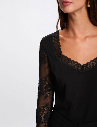 Kant T-shirt met hartvormige hals zwart vrouw