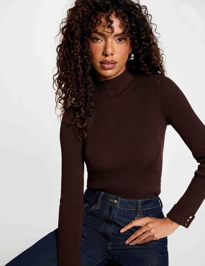 Pull col montant marron fonc&eacute; femme