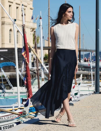 Jupe asym&eacute;trique taille haute bleu marine femme