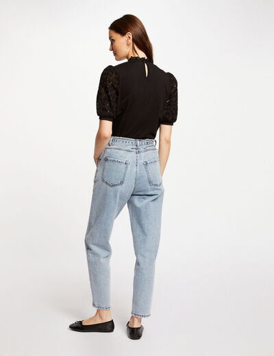 T-shirt manches courtes brodé noir femme
