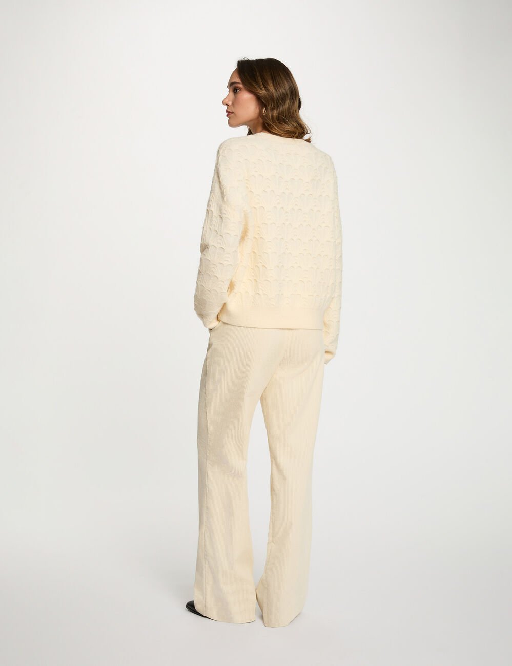 Wijde ribfluwelen broek ecru vrouw