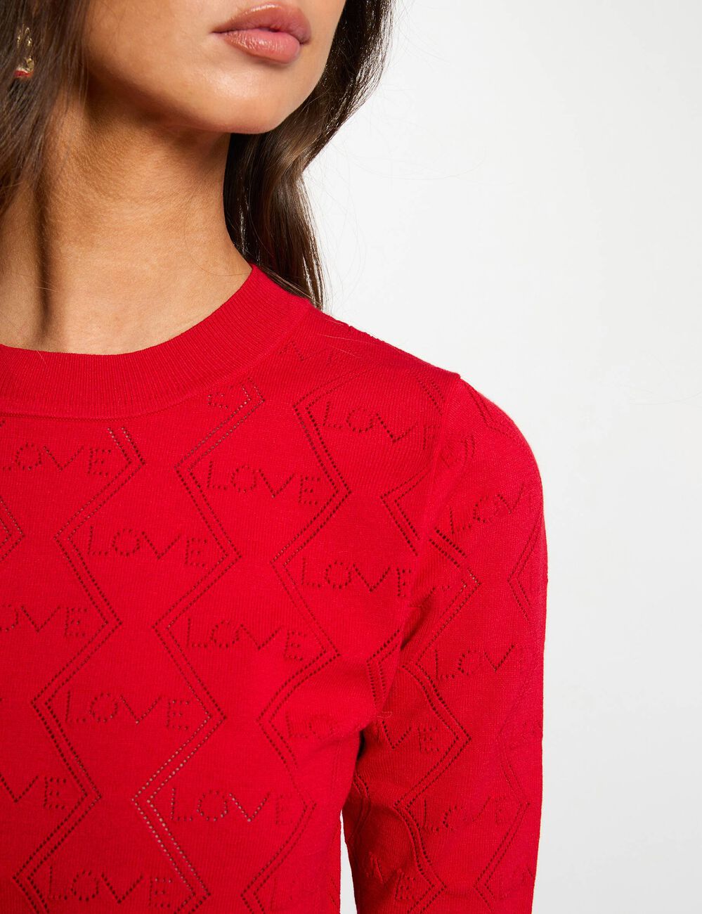 Pull ajour&eacute; manches 3/4 rouge femme