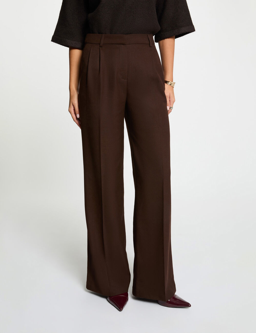 Pantalon large taille haute marron foncé femme