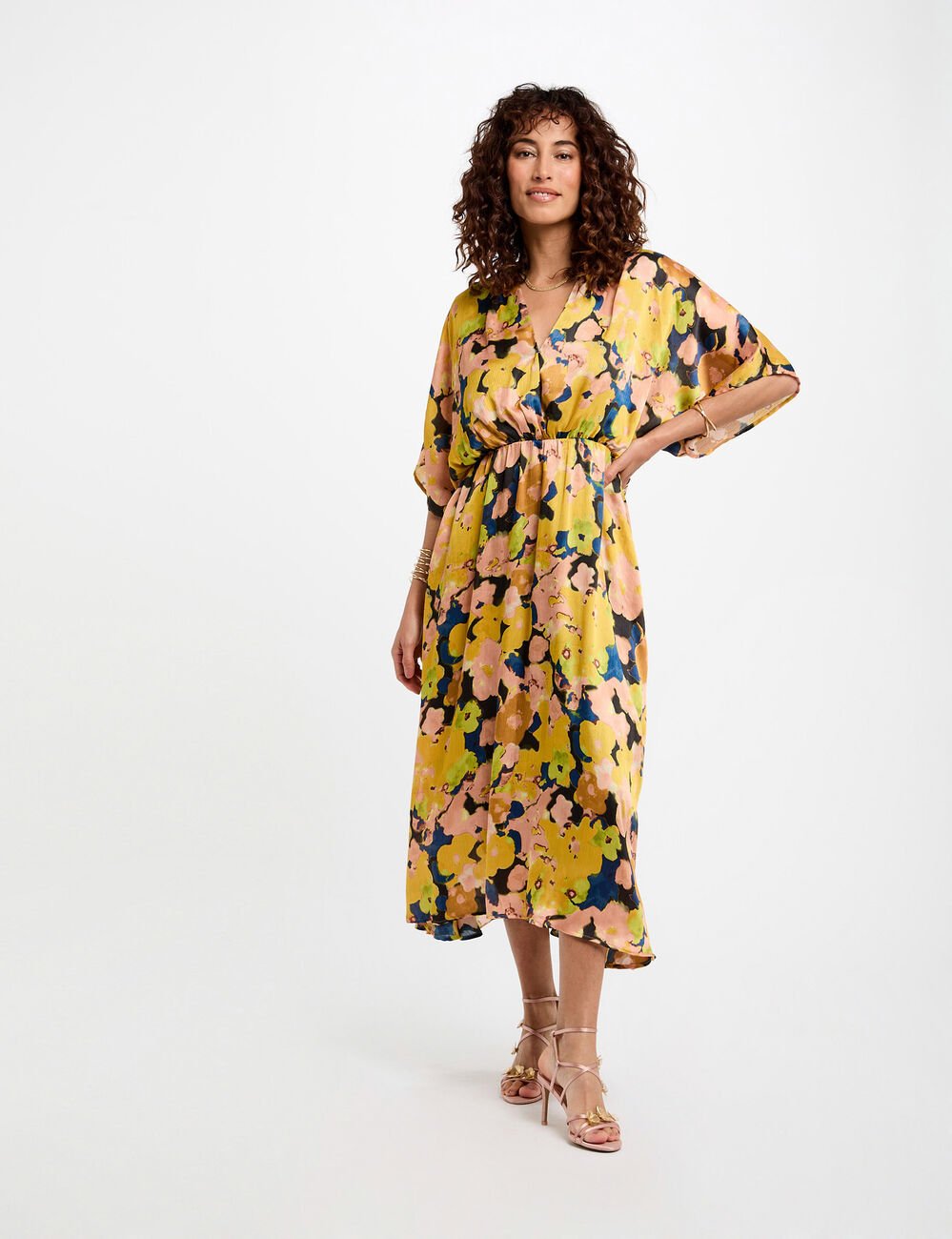 Rechte midi-jurk met bloemenprint meerkleurig vrouw