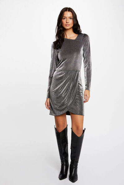 Robe ajustée fils métallisés argente femme