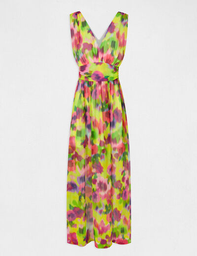Lange getailleerde jurk abstracte print meerkleurig vrouw
