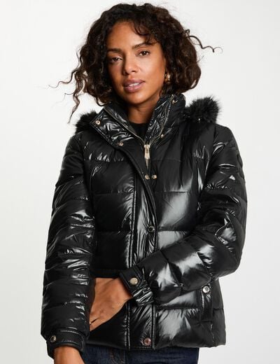 Doudoune courte &agrave; capuche noir femme
