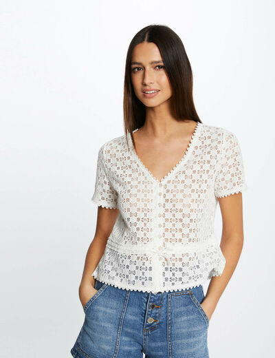 T-shirt korte mouwen van kant ivoor vrouw