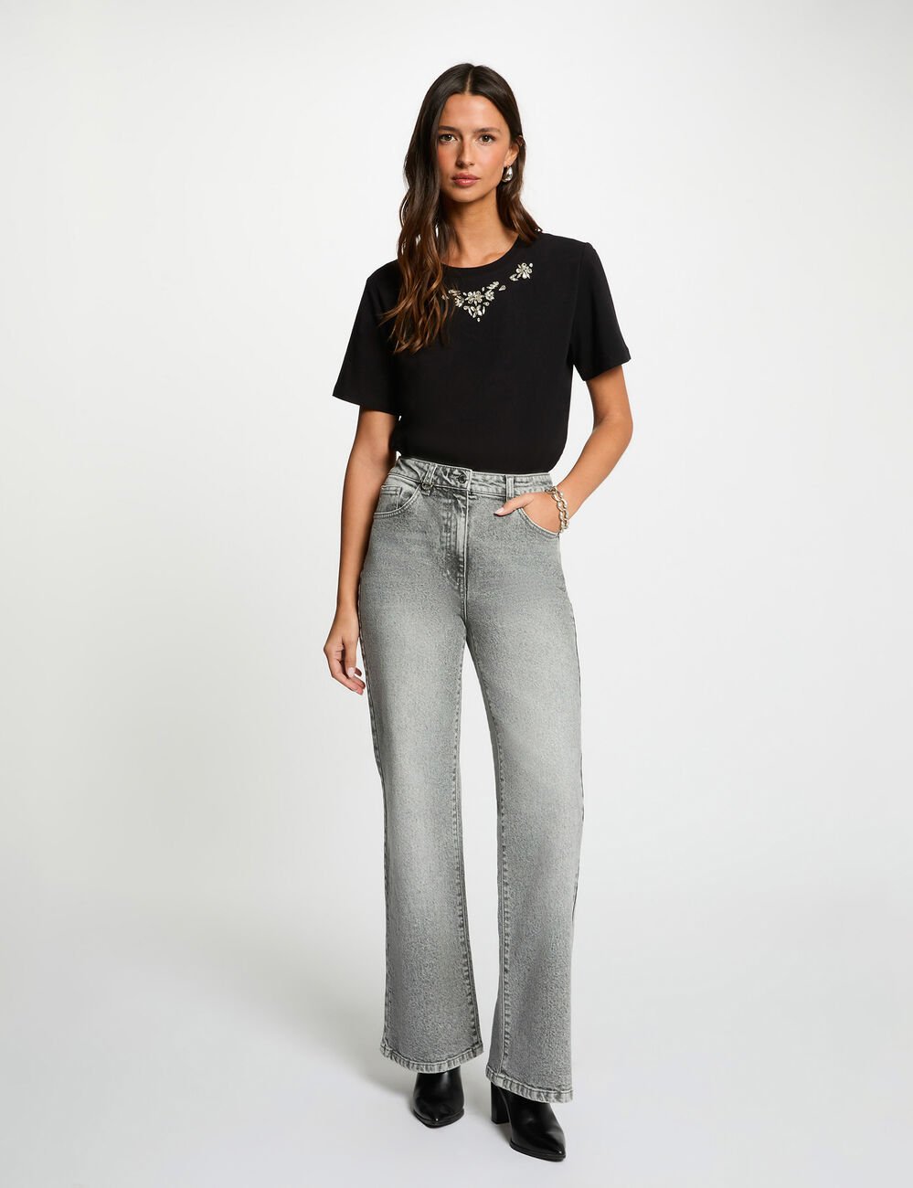 T-shirt strass manches courtes noir femme