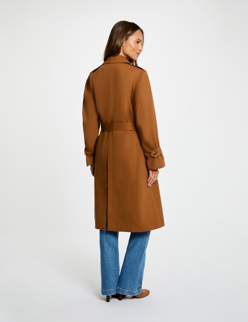 Trench long col tailleur marron cognac femme