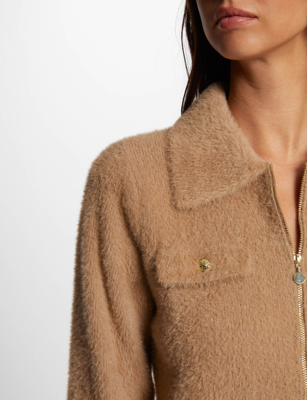 Gilet manches longues col &agrave; revers camel femme