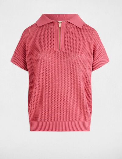 Pull col polo zippé vieux rose femme