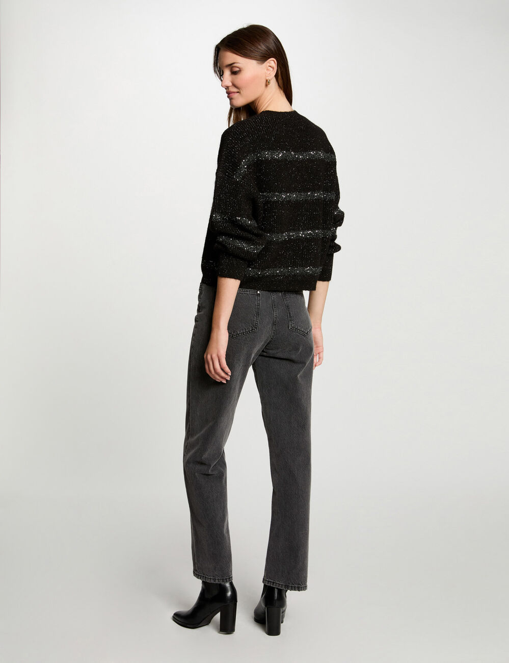 Pull col rond et sequins noir femme