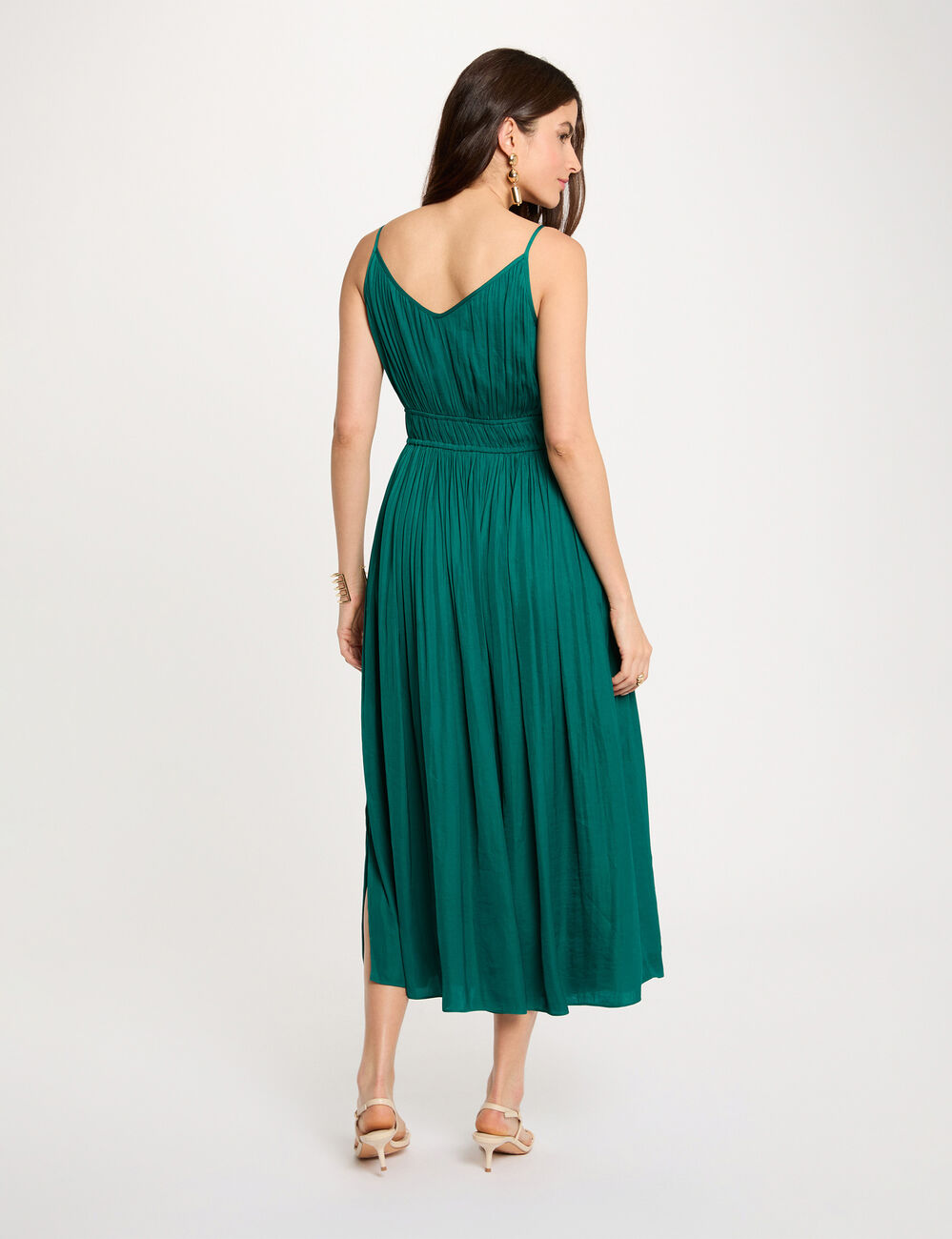 Robe midi droite pliss&eacute;e vert femme