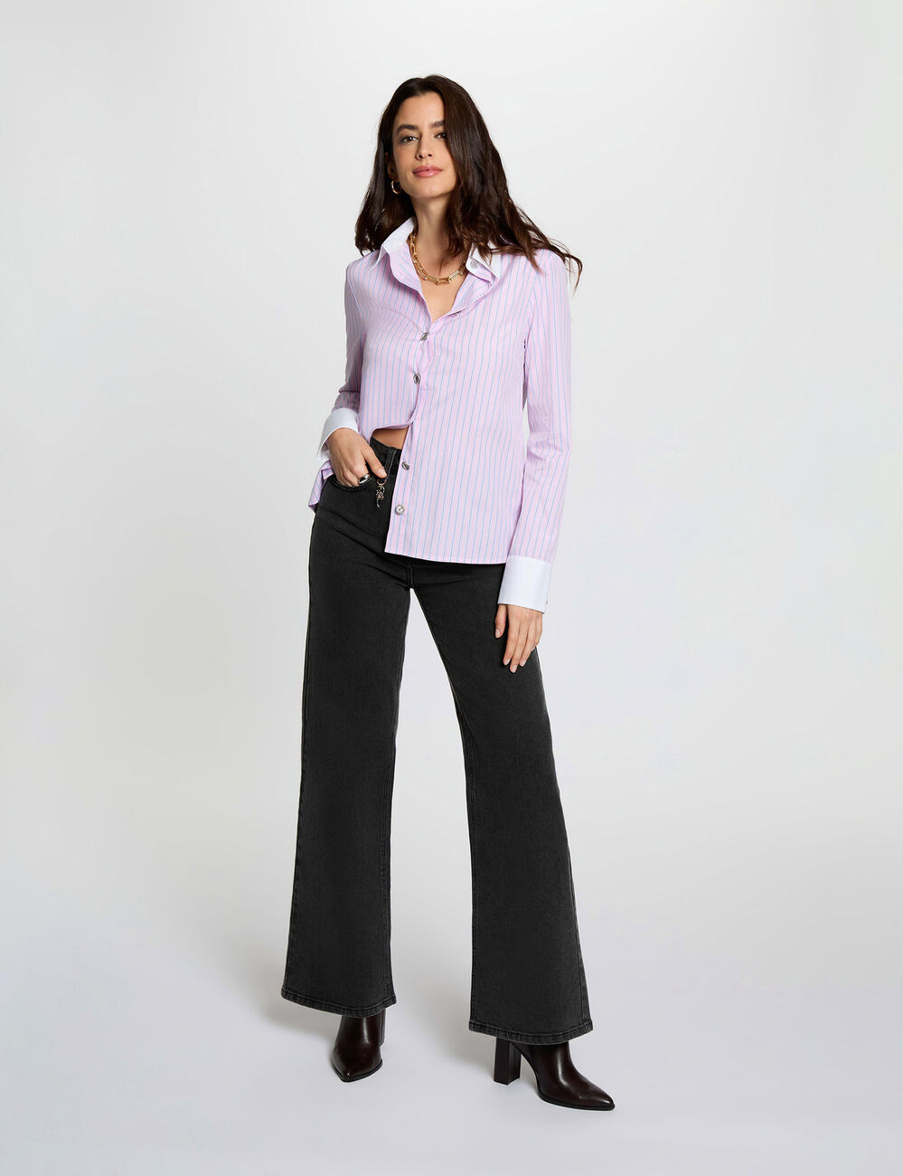 High-waist wijde broek denim zwart vrouw