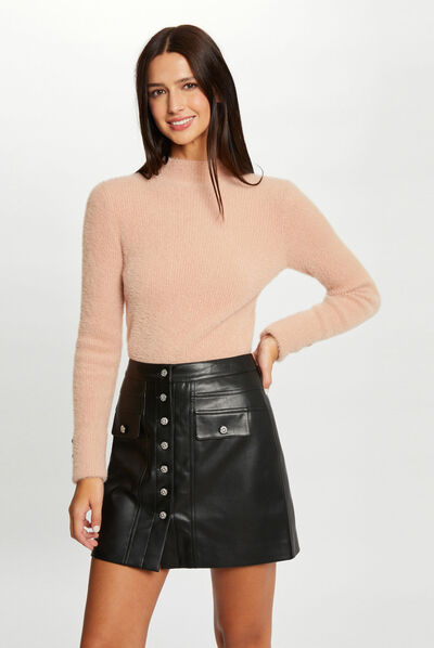 Pull manches longues maille duveteuse rose femme
