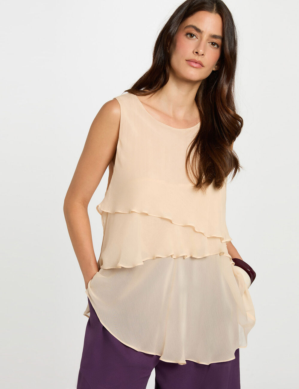 Mouwloze voile blouse poeder roze vrouw