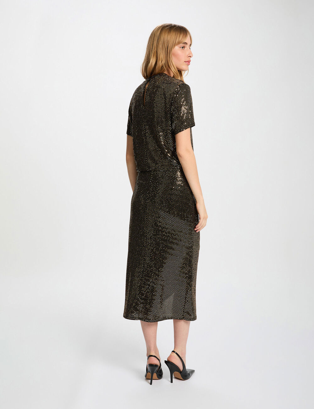 T-shirt met pailletten en hoge kraag goudgeel vrouw