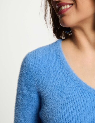 Pull manches longues maille duveteuse bleu femme