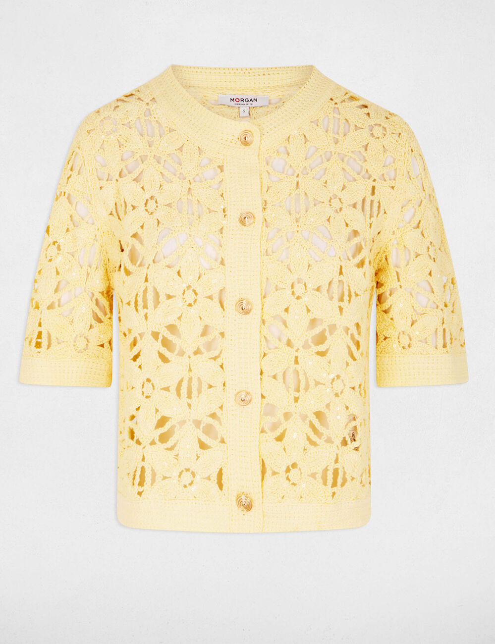 Opengewerkt vest met ronde hals pastel geel vrouw