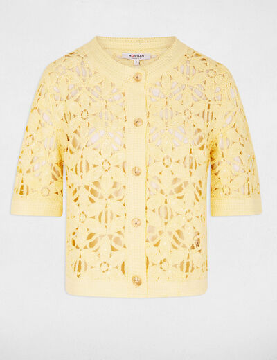 Gilet ajour&eacute; col rond jaune pastel femme