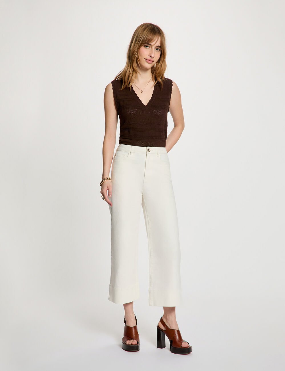 Wijde high-waist broek helder wit vrouw